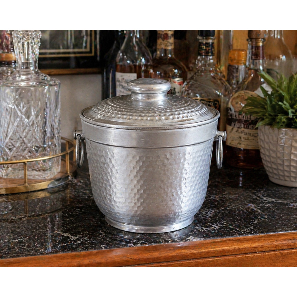 Vintage Hammered Aluminum Ice Bucket and Tongs Mid Century Barware Made in Italy